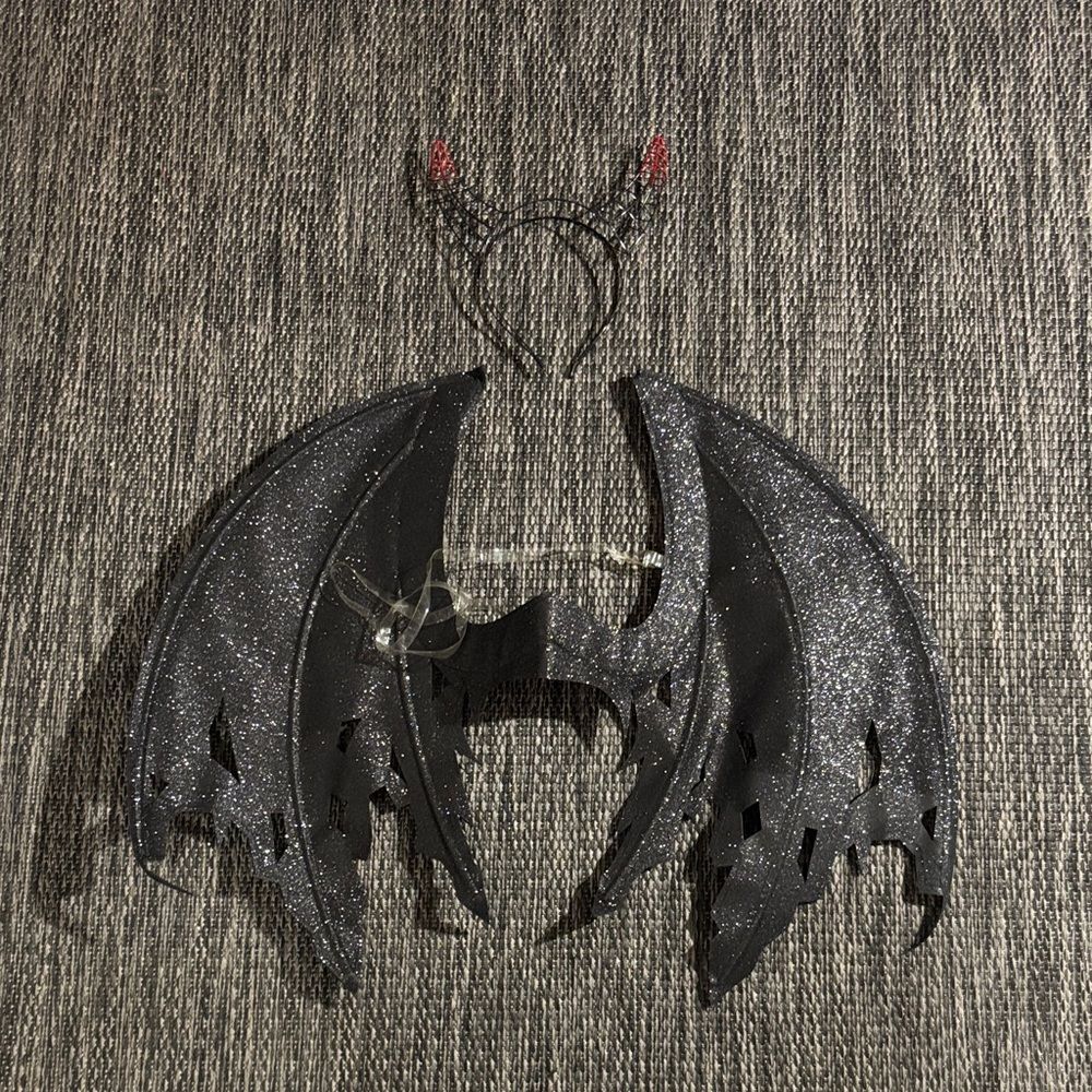 Spirit Halloween Costume Sparkly Black Angel Wings and Devil Headband One Size